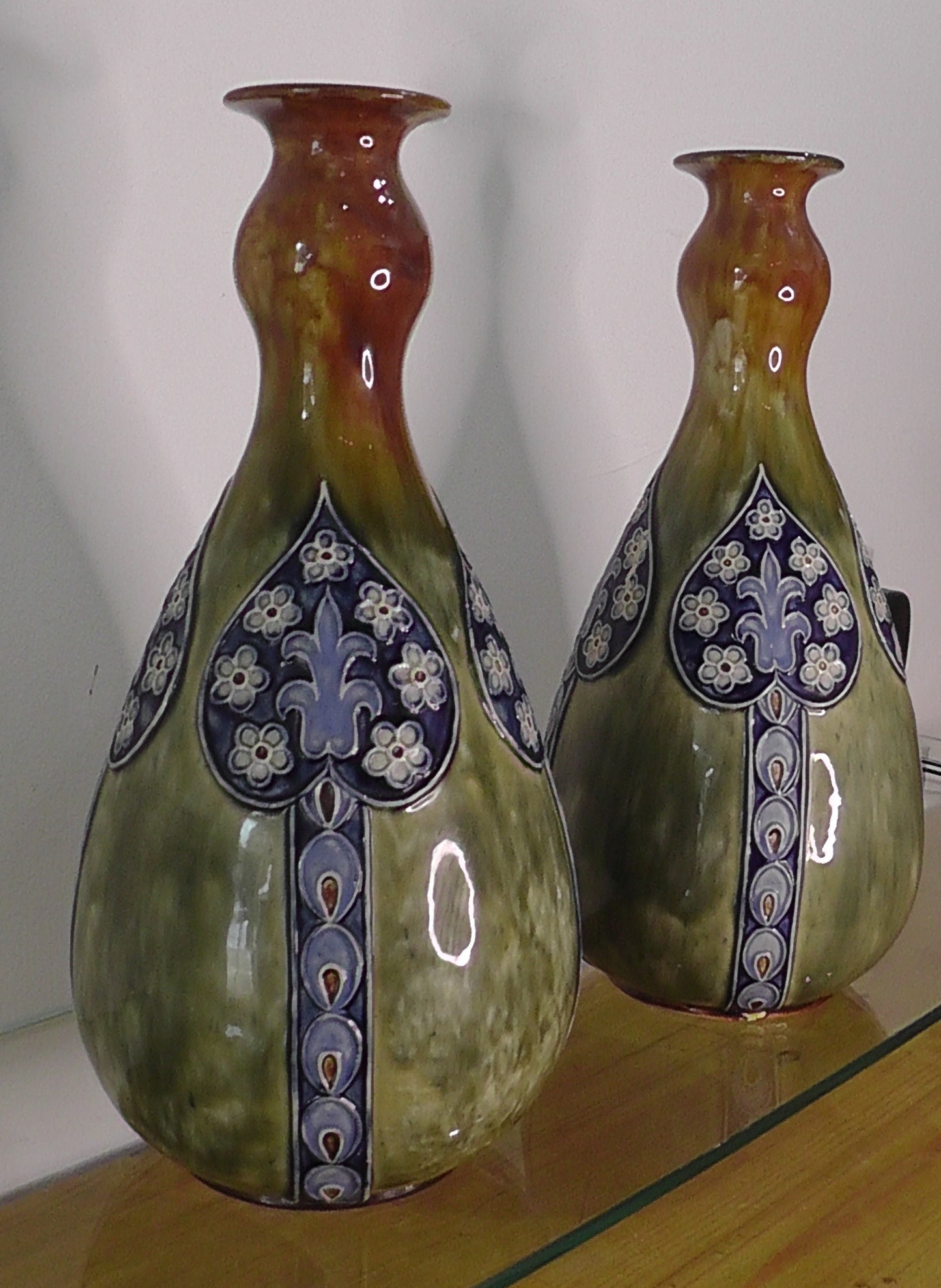 Pair of Rare Large Doulton Double Gourd Art Nouveau Vases by Maud Bowden