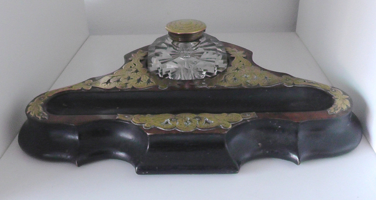 Victorian/Edwardian Walnut and Brass Desk Stand/Ink Well