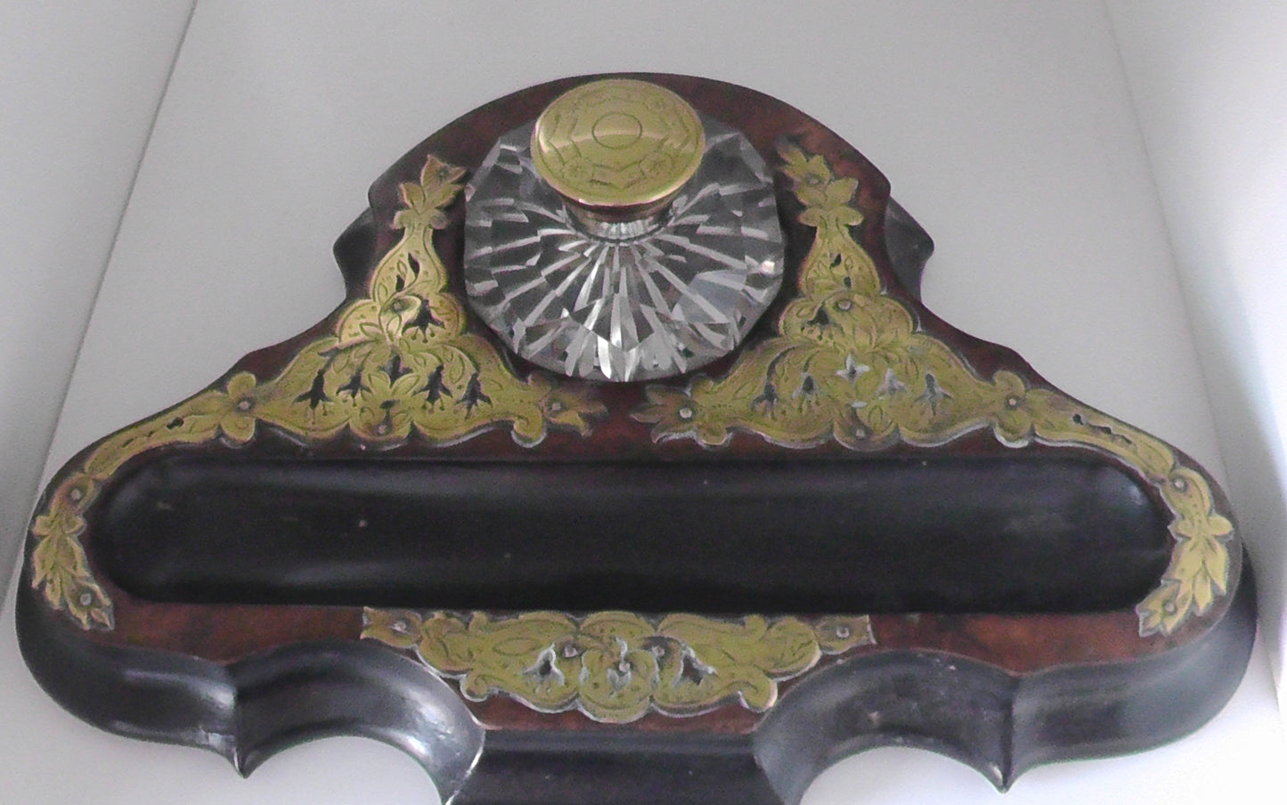 Victorian/Edwardian Walnut and Brass Desk Stand/Ink Well