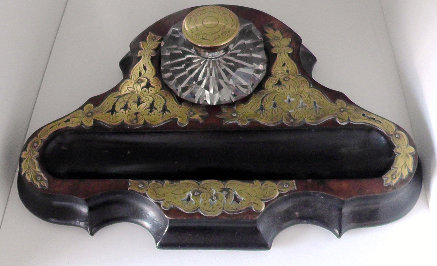 Victorian/Edwardian Walnut and Brass Desk Stand/Ink Well