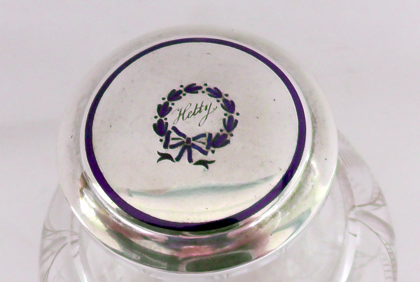 Solid Silver and Enamelled Topped Cut Glass Scent Bottle dates 1920