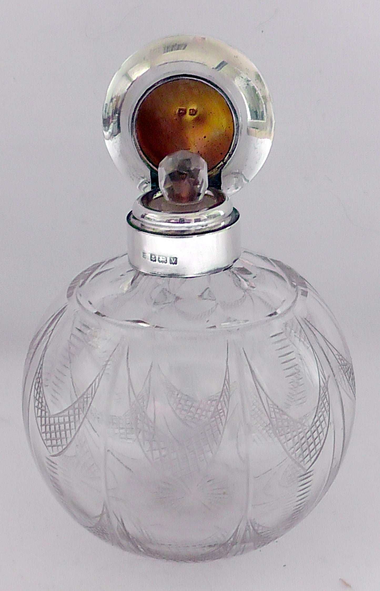 Solid Silver and Enamelled Topped Cut Glass Scent Bottle dates 1920