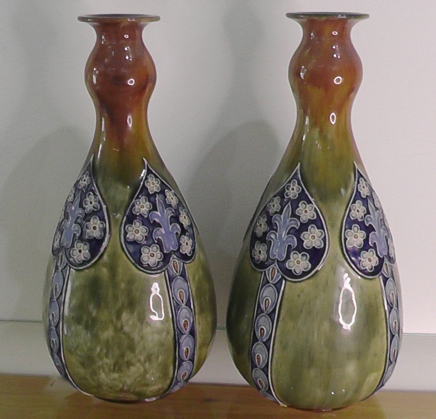 Pair of Rare Large Doulton Double Gourd Art Nouveau Vases by Maud Bowden