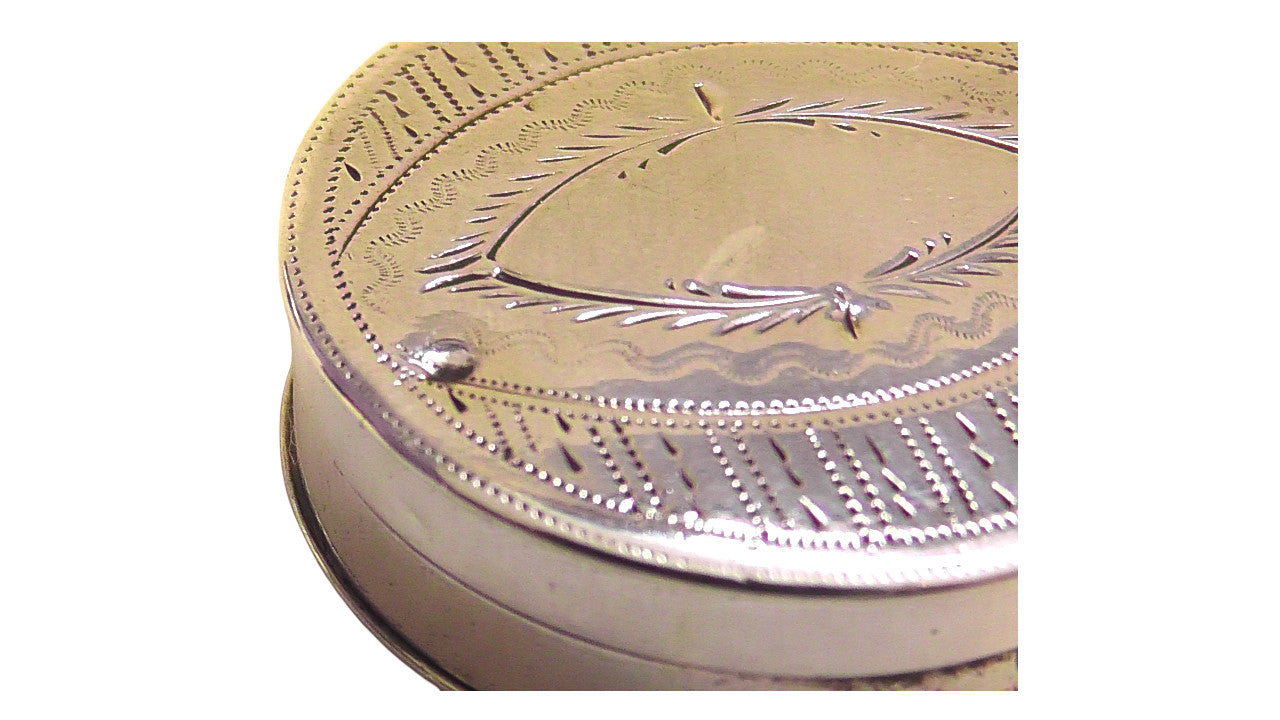 Solid Silver George III Round Patch Box/Vinegarette with Lavender cake - dated 1820 by Samuel Pemberton