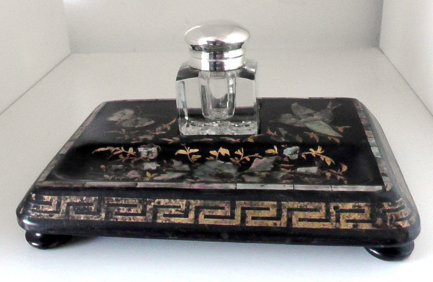 Victorian/Edwardian Papier Mache and MOP/Abalone Desk Stand/Ink Well