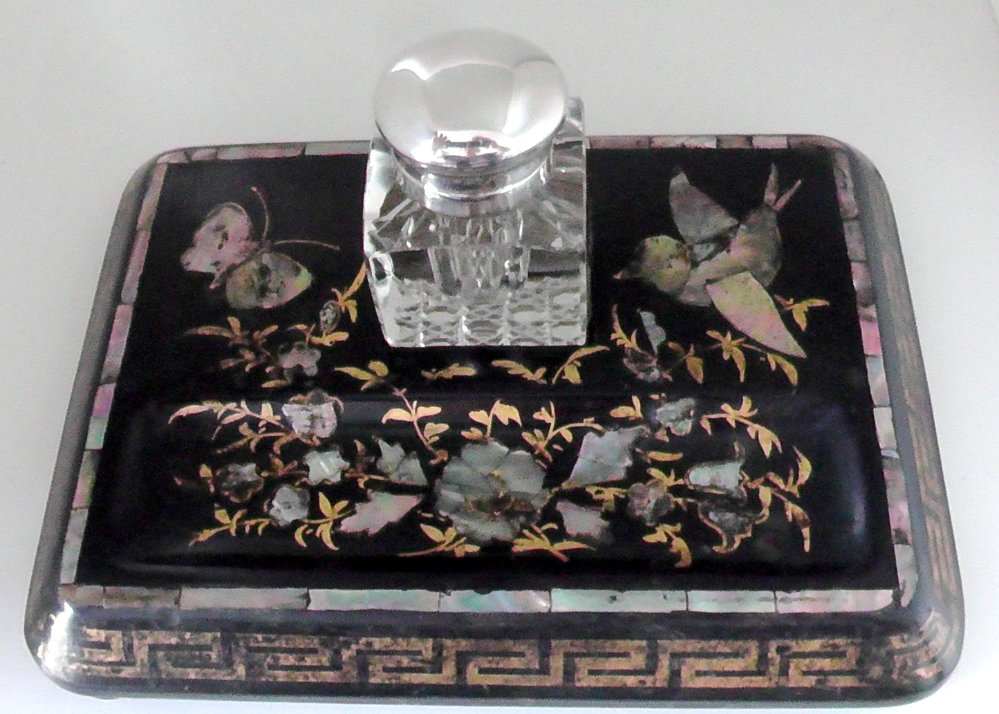 Victorian/Edwardian Papier Mache and MOP/Abalone Desk Stand/Ink Well