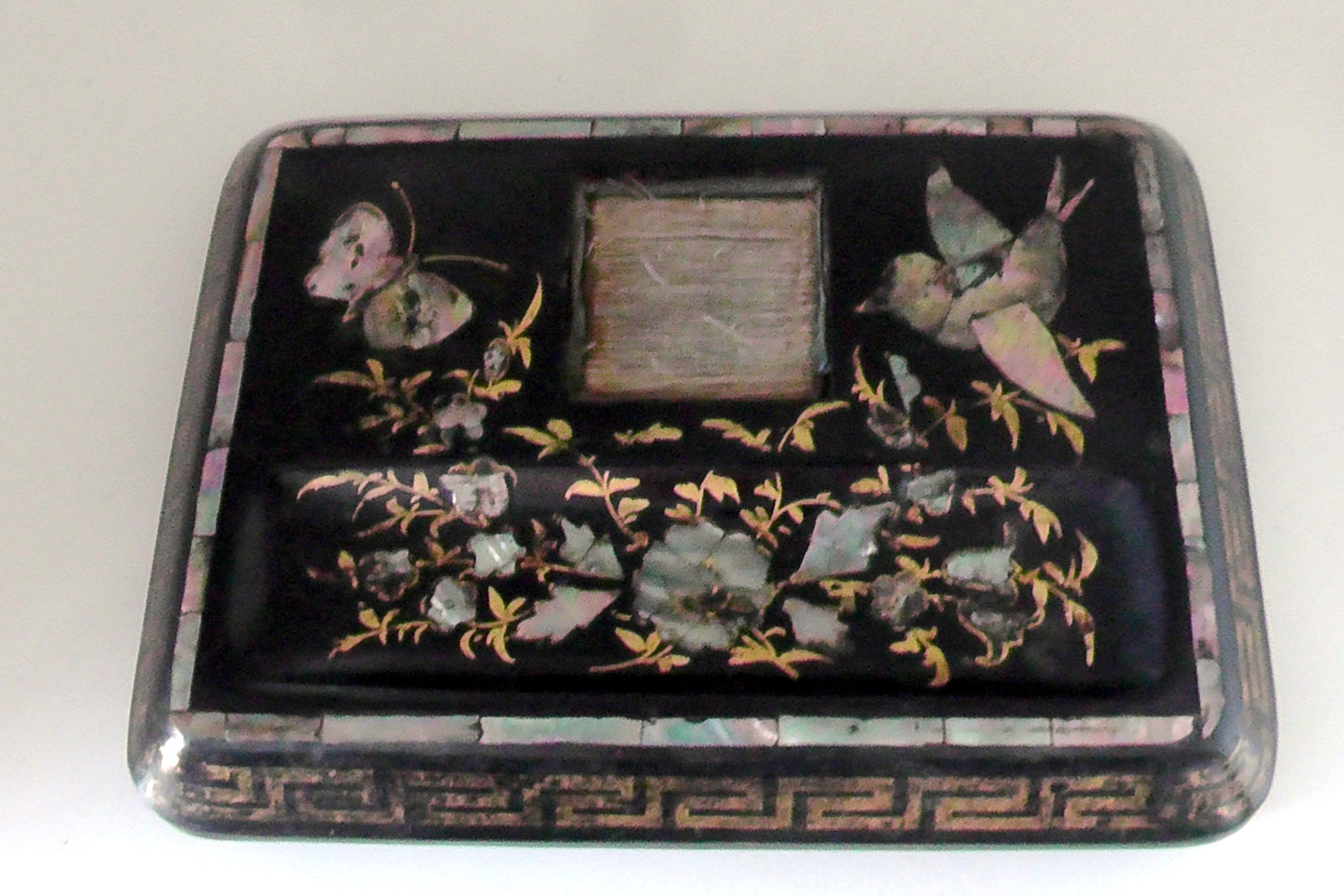 Victorian/Edwardian Papier Mache and MOP/Abalone Desk Stand/Ink Well