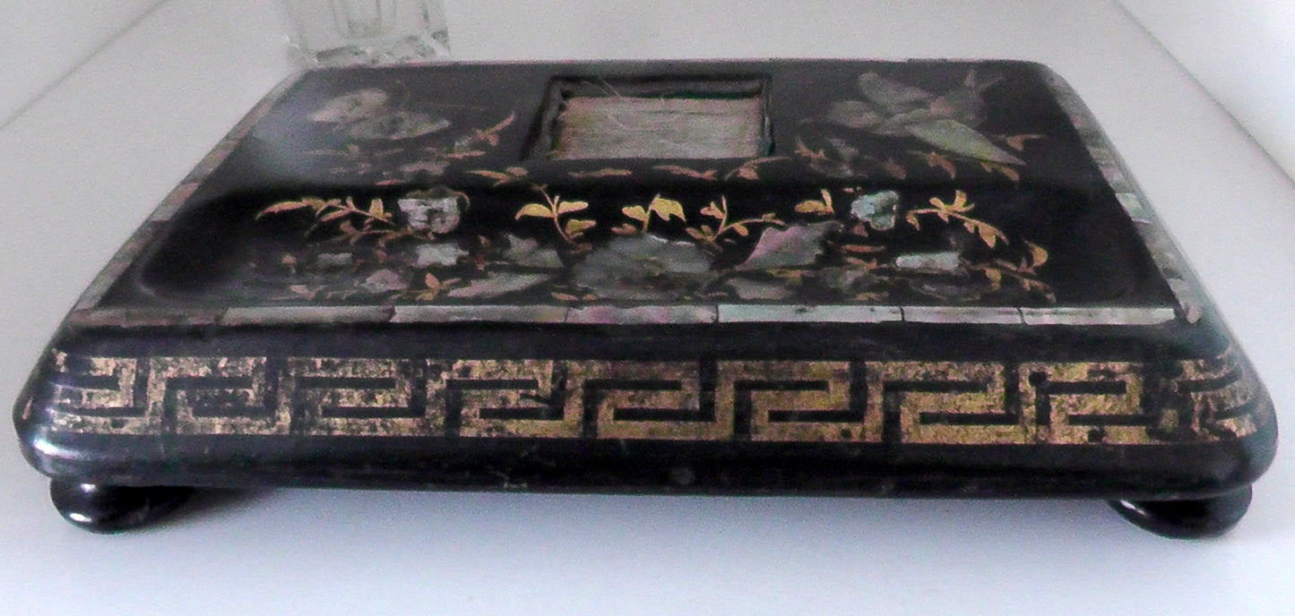 Victorian/Edwardian Papier Mache and MOP/Abalone Desk Stand/Ink Well