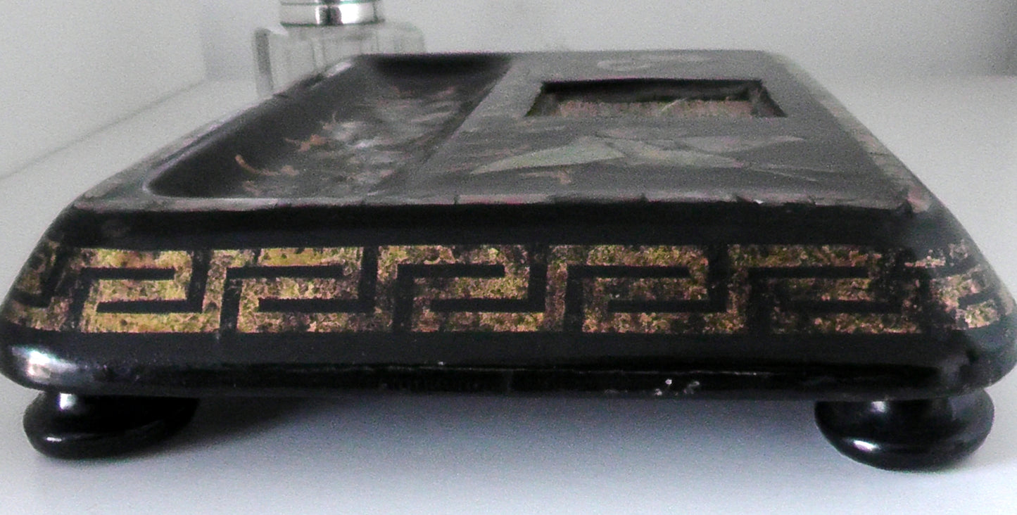 Victorian/Edwardian Papier Mache and MOP/Abalone Desk Stand/Ink Well