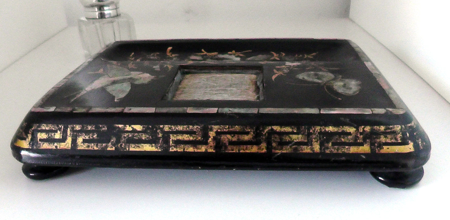 Victorian/Edwardian Papier Mache and MOP/Abalone Desk Stand/Ink Well