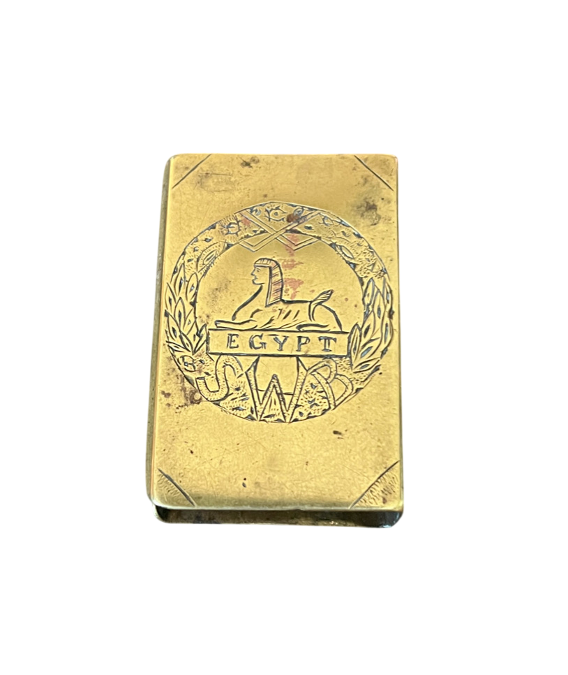 Authentic WWI South Wales Borderers (SWB) Brass Trench Art Matchbox Cover & Period Matchbox