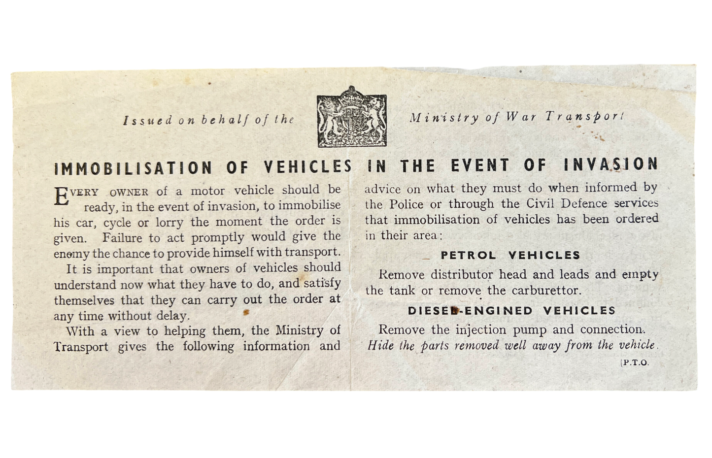 Rare Ministry of War Transport Leaflet "IMMOBILISATION OF VEHICLES IN THE EVENT OF INVASION"