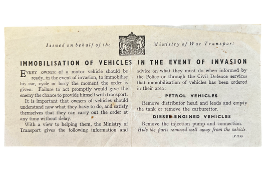 Rare Ministry of War Transport Leaflet "IMMOBILISATION OF VEHICLES IN THE EVENT OF INVASION"