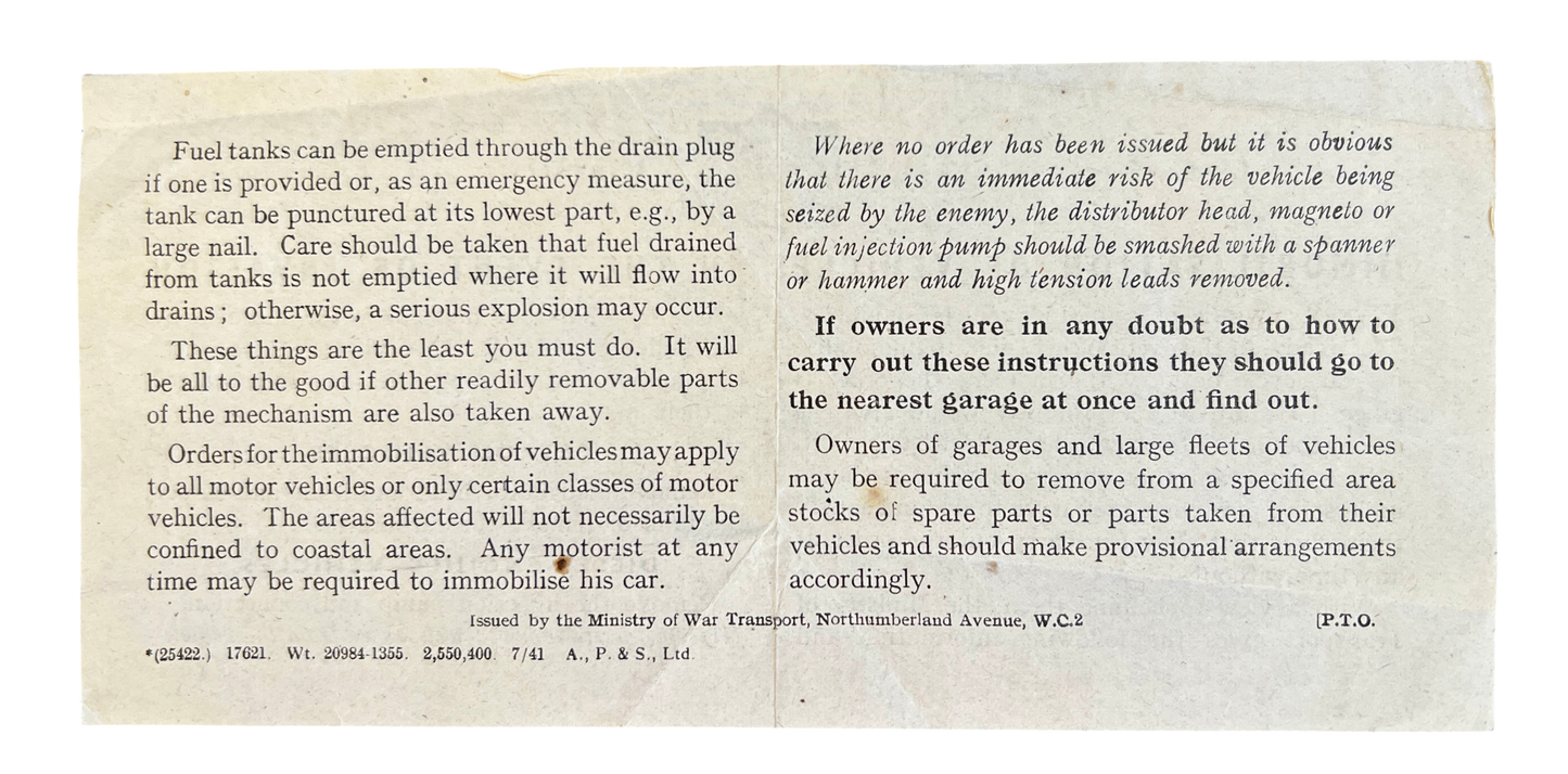 Rare Ministry of War Transport Leaflet "IMMOBILISATION OF VEHICLES IN THE EVENT OF INVASION"