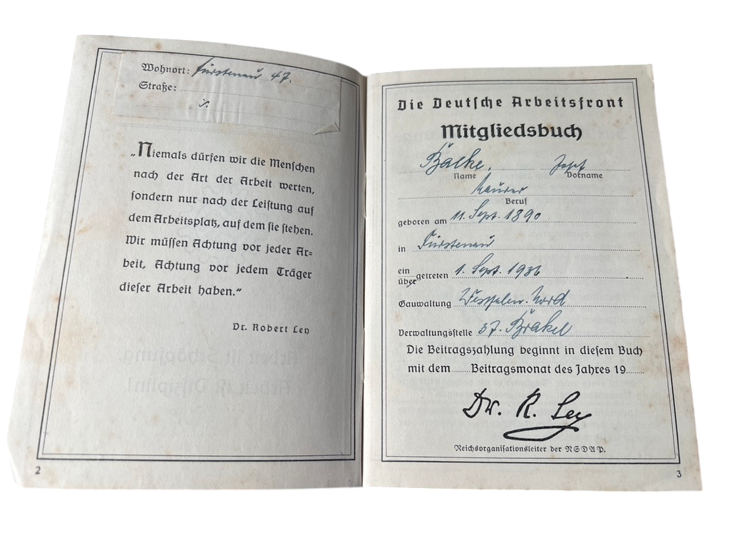 WWII German DAF Membership Book (Mitgliedsbuch) for Josef Balke (1936–1944)