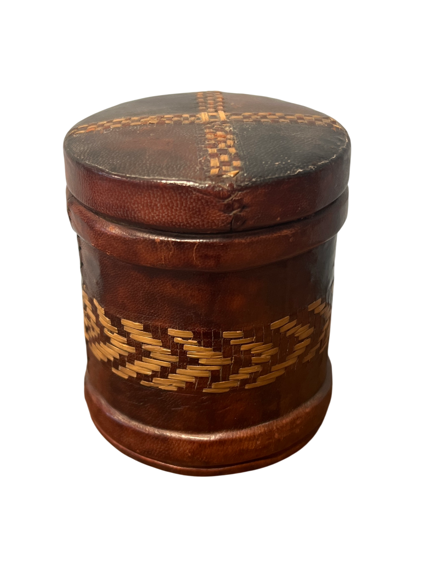 Vintage Leather Straw Work Tobacco Tin Player's Navy Cut Cigarette Box Trench Art 1920s /1930s