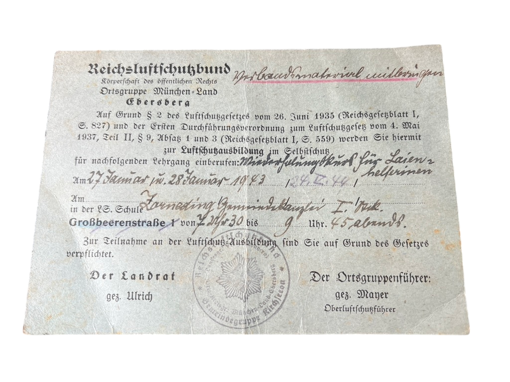 WWII German Third Reich Civil Defence Conscription Notice (Einberufung)