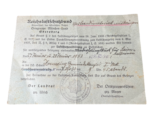 WWII German Third Reich Civil Defence Conscription Notice (Einberufung)