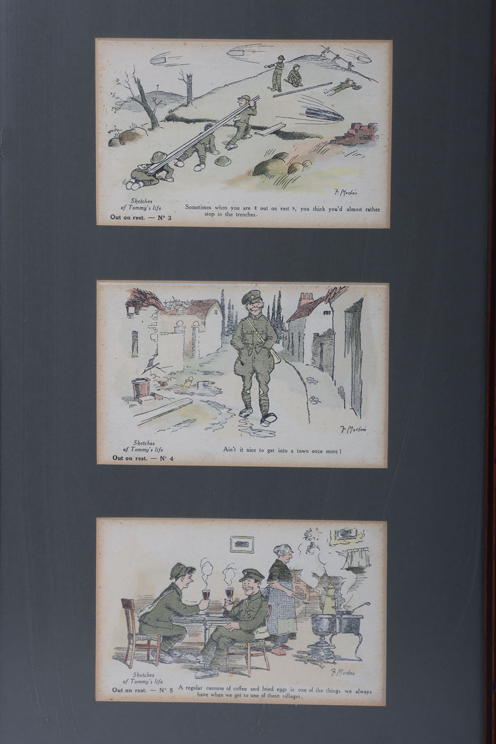 Framed WW1 Sketches of Tommys Life Postcards by Fergus Mackain (4th Set - Out on Rest)