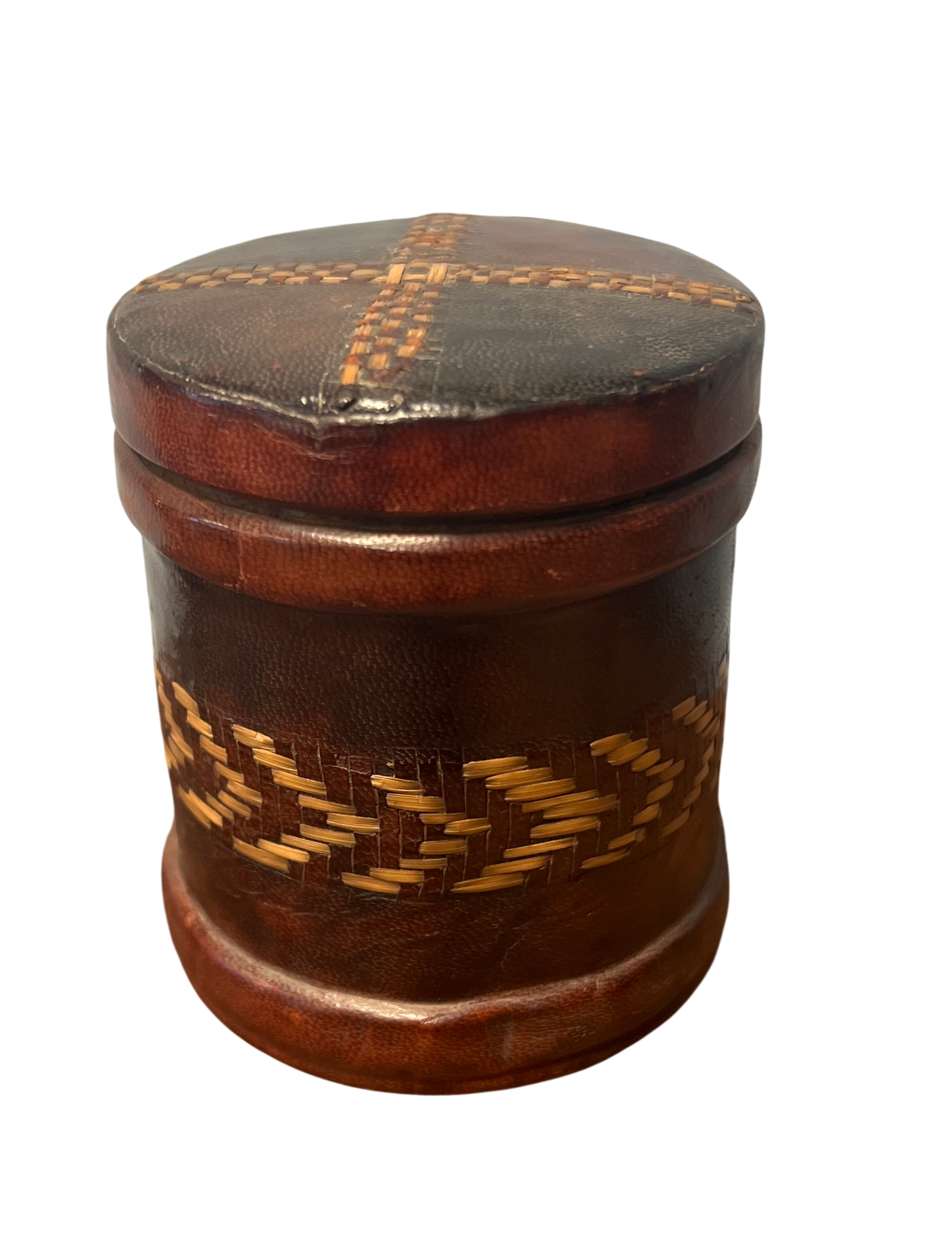 Vintage Leather Straw Work Tobacco Tin Player's Navy Cut Cigarette Box Trench Art 1920s /1930s