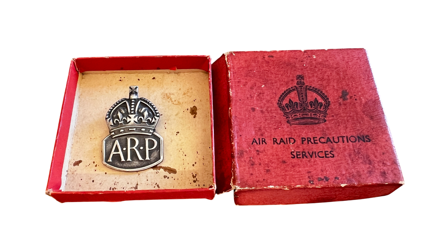 WW2 Silver ARP (Air Raid Precautions) Badge with Original Box