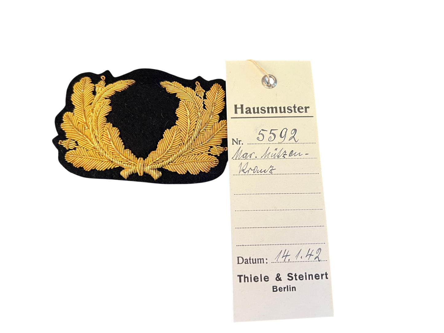 Rare WWII German Kriegsmarine Officer Cap Wreath Hausmuster (Factory Pattern) Grouping – Thiele & Steinert (1942)