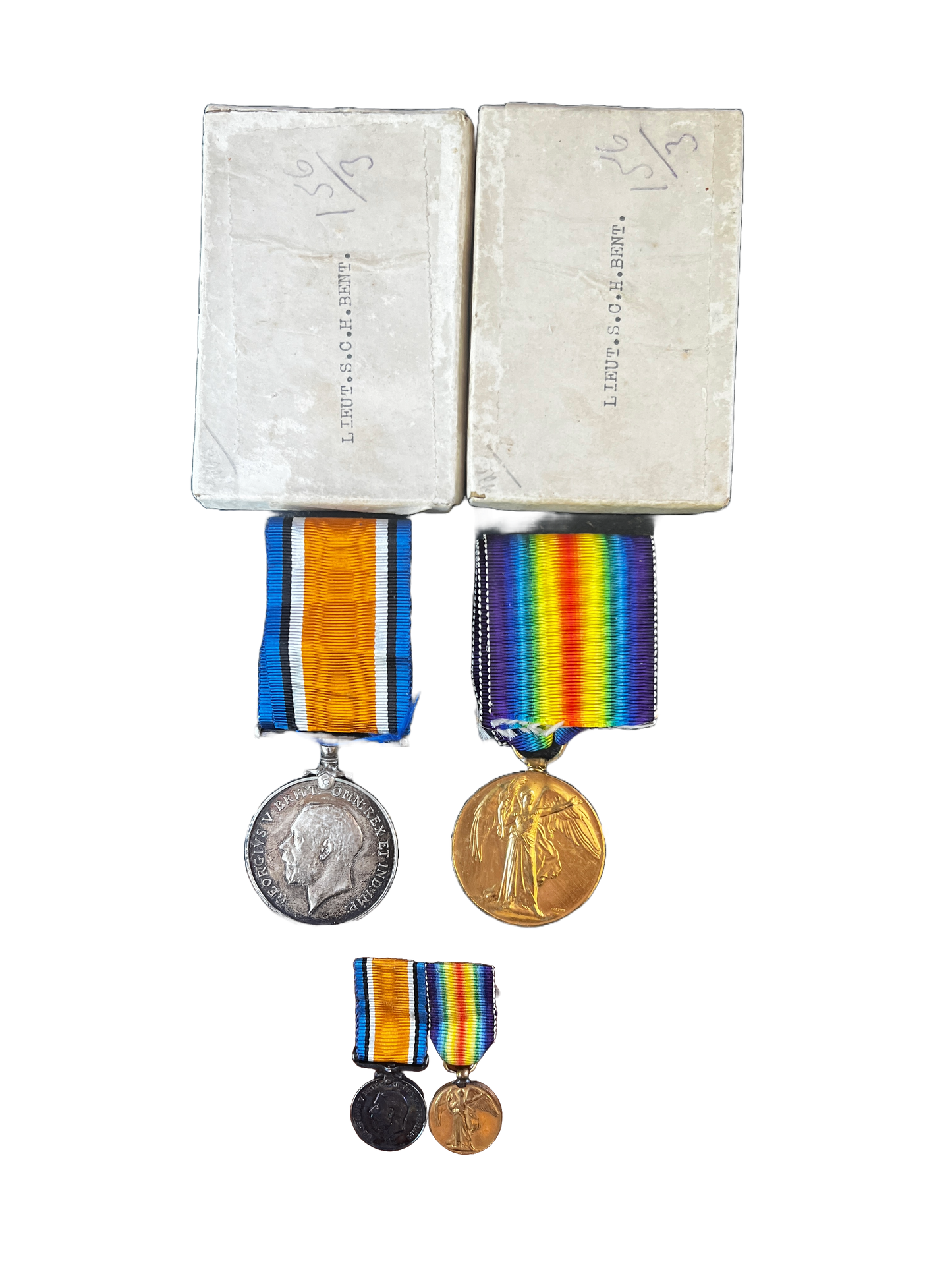 WWW1 British War Medal and Victory Medal pair to Lieut S. C. H. Bent w/ Miniatures & Boxes