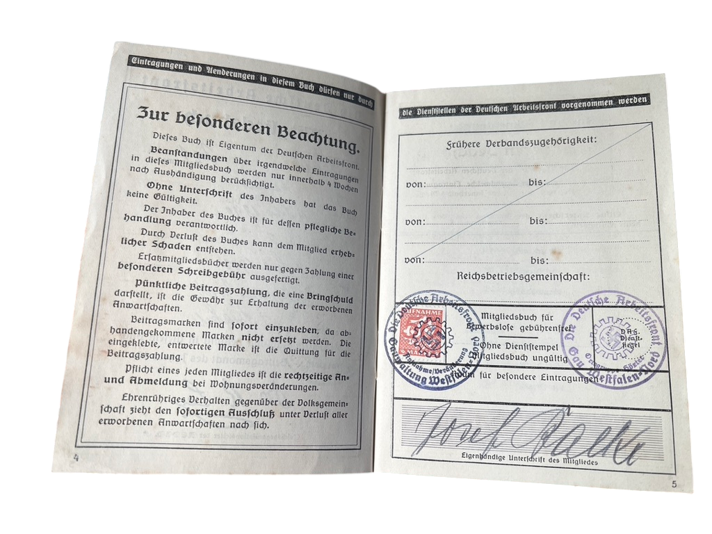 WWII German DAF Membership Book (Mitgliedsbuch) for Josef Balke (1936–1944)