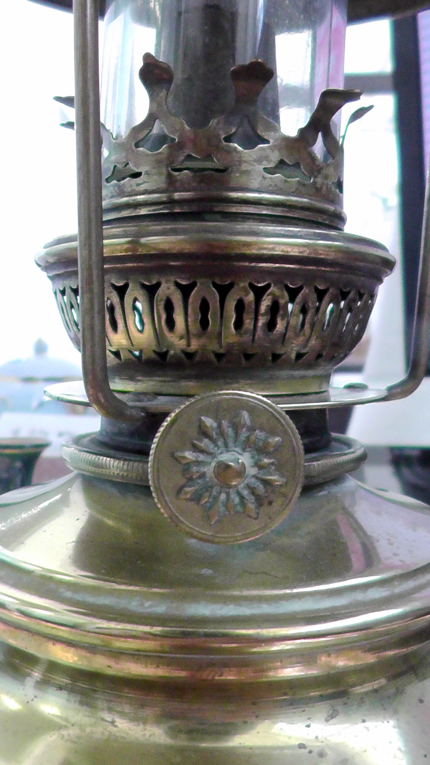 Art Nouveau French Brass Jewelled Shade Oil Lamp