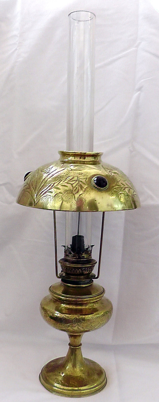 Art Nouveau French Brass Jewelled Shade Oil Lamp
