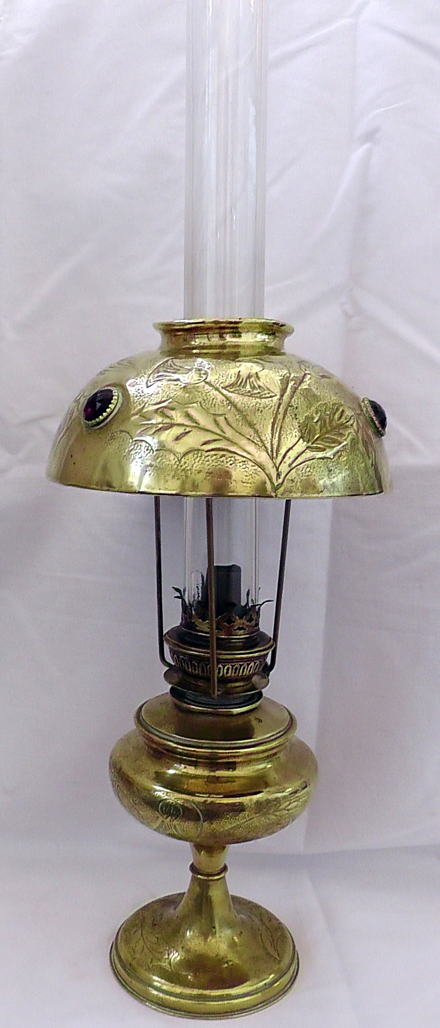 Art Nouveau French Brass Jewelled Shade Oil Lamp