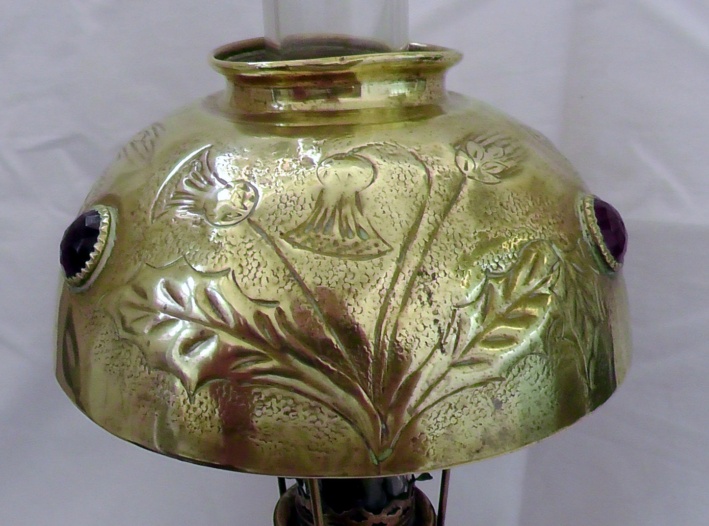 Art Nouveau French Brass Jewelled Shade Oil Lamp