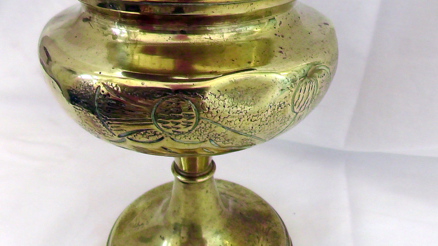 Art Nouveau French Brass Jewelled Shade Oil Lamp