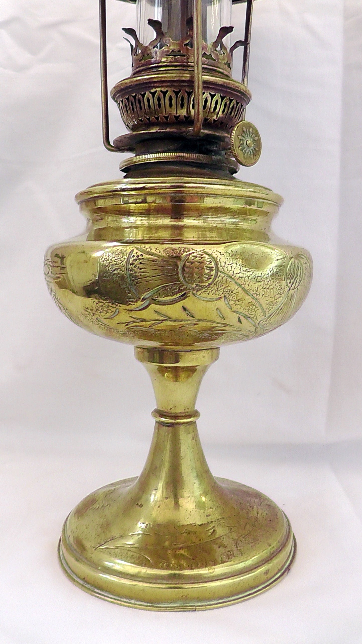 Art Nouveau French Brass Jewelled Shade Oil Lamp