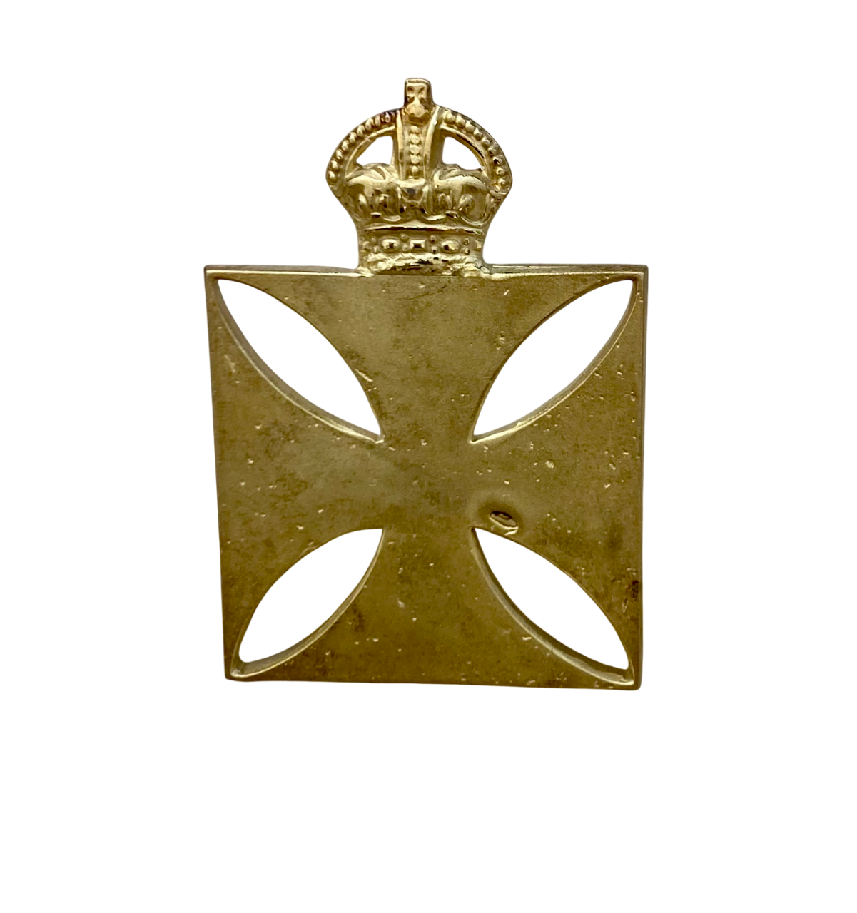 Gold cross badge with a crown on a white background