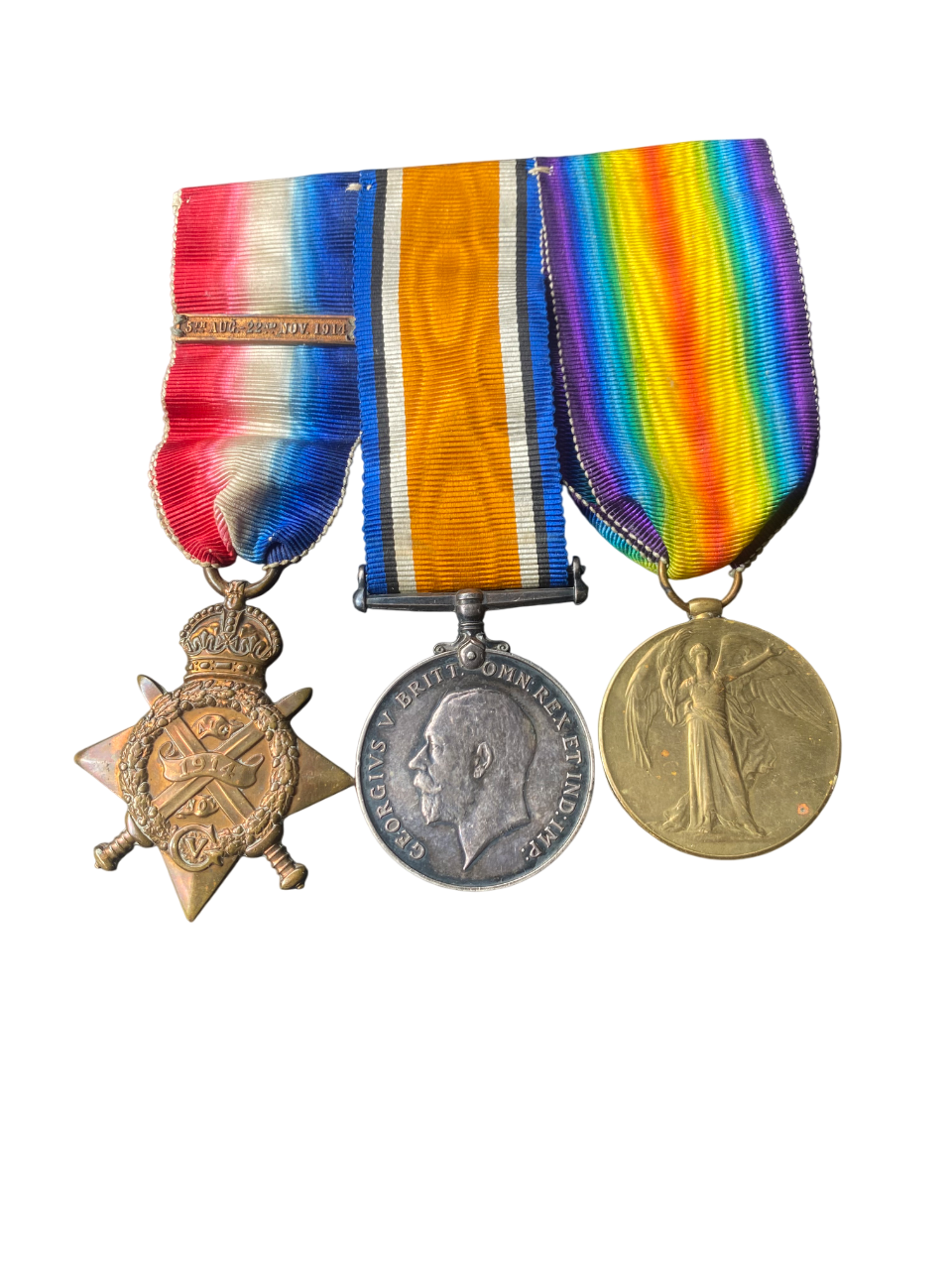 WW1 Medal Trio (Pip, Squeak & Wilfred) w/ Mons Clasp to Pte D. H. W. Lawrence - South Staffs
