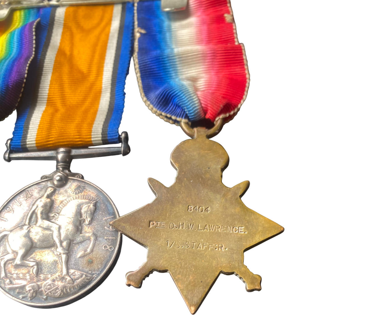 WW1 Medal Trio (Pip, Squeak & Wilfred) w/ Mons Clasp to Pte D. H. W. Lawrence - South Staffs