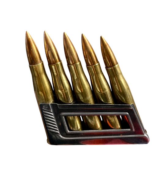 Original WWII German 8x56R M.30 Scharfe S-Patronen Rottw En-bloc Clip w/ 5 inert Rounds