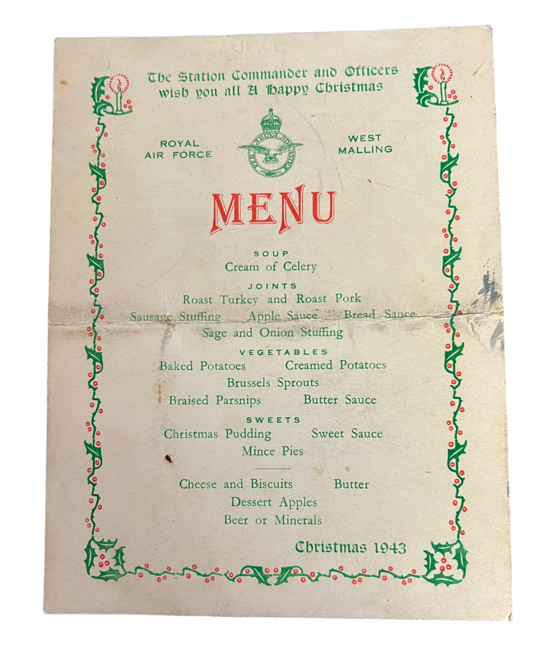 1943 Dated Christmas Dinner Menu from RAF West Malling with Signatures