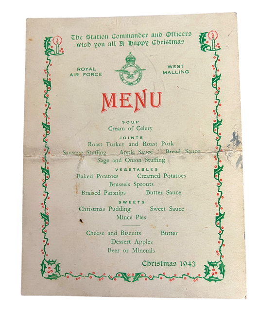 1943 Dated Christmas Dinner Menu from RAF West Malling with Signatures