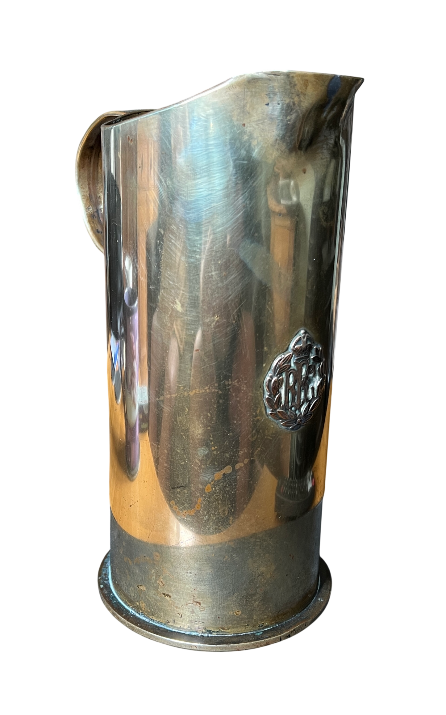 Large WW1 German 10.5cm leFH 16 Trench Art Jug/Pitcher with Royal Flying Corps (RFC) Badge
