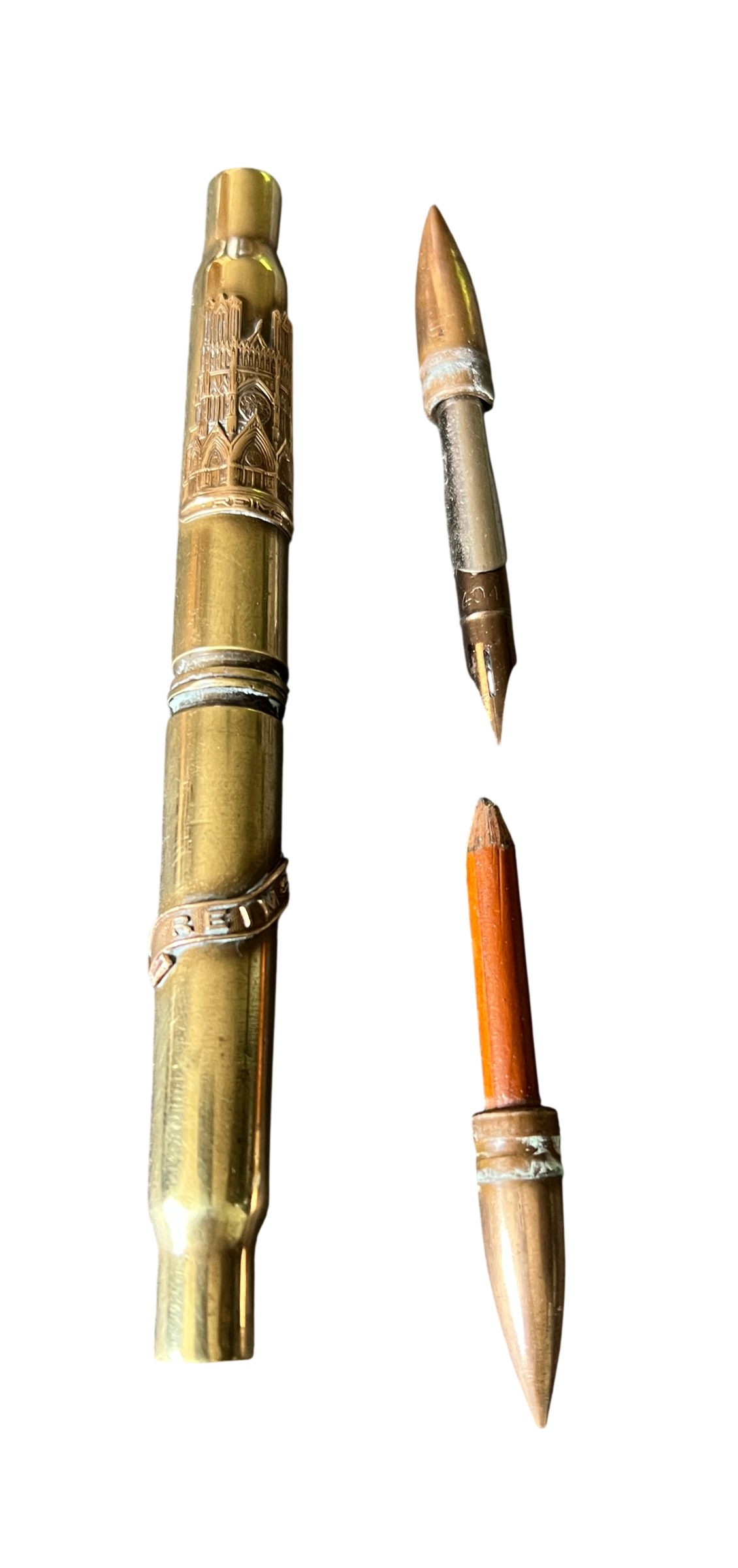 Authentic WWI Trench Art Dual Pen & Pencil Writing Set – Reims Cathedral