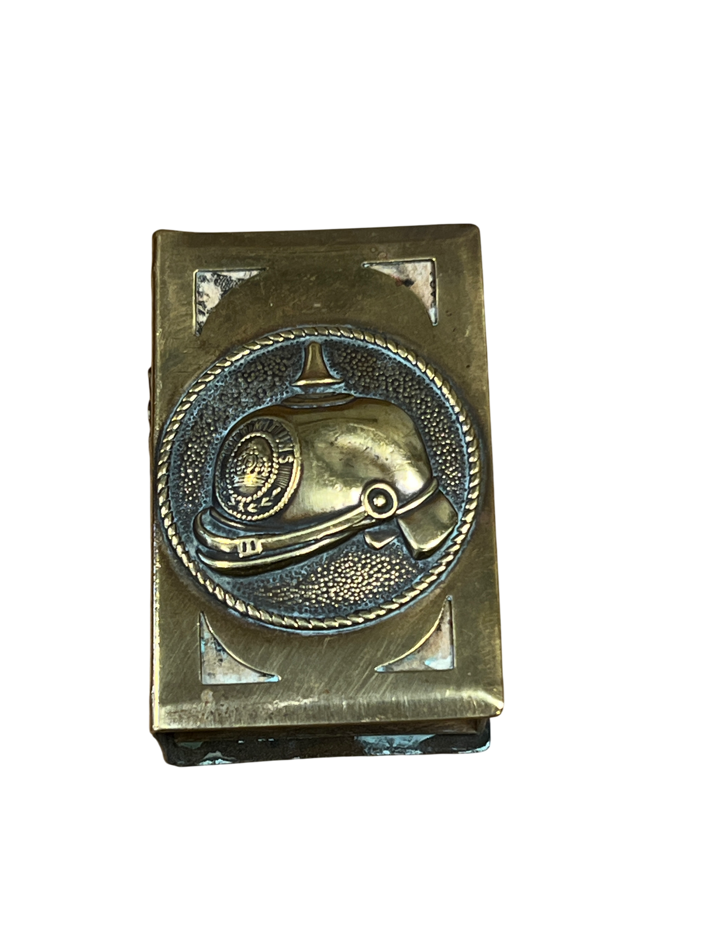 WW1 French Trench Art Brass Matchbox Cover - German Pickelhaube Souvenir de France