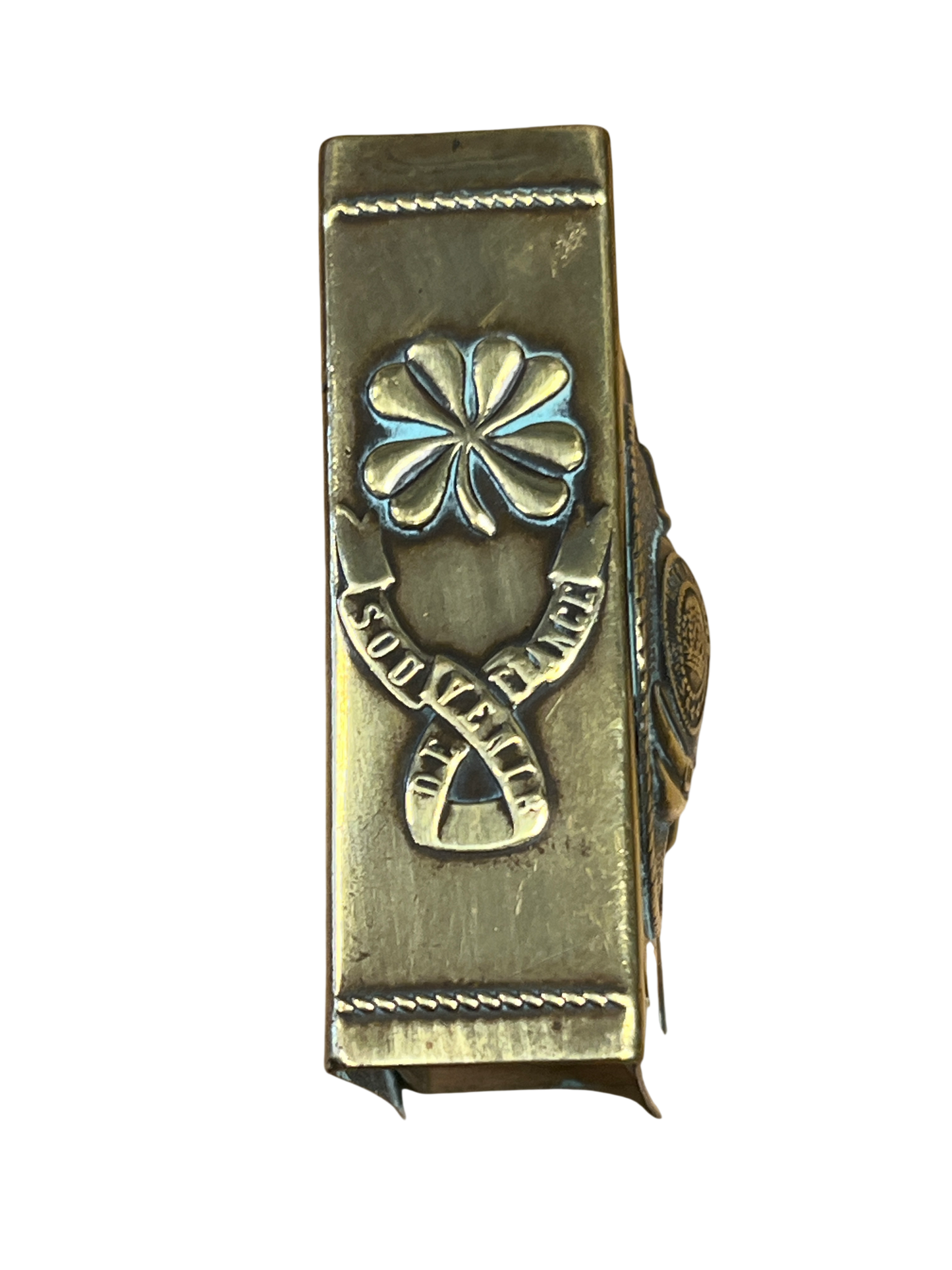 WW1 French Trench Art Brass Matchbox Cover - German Pickelhaube Souvenir de France