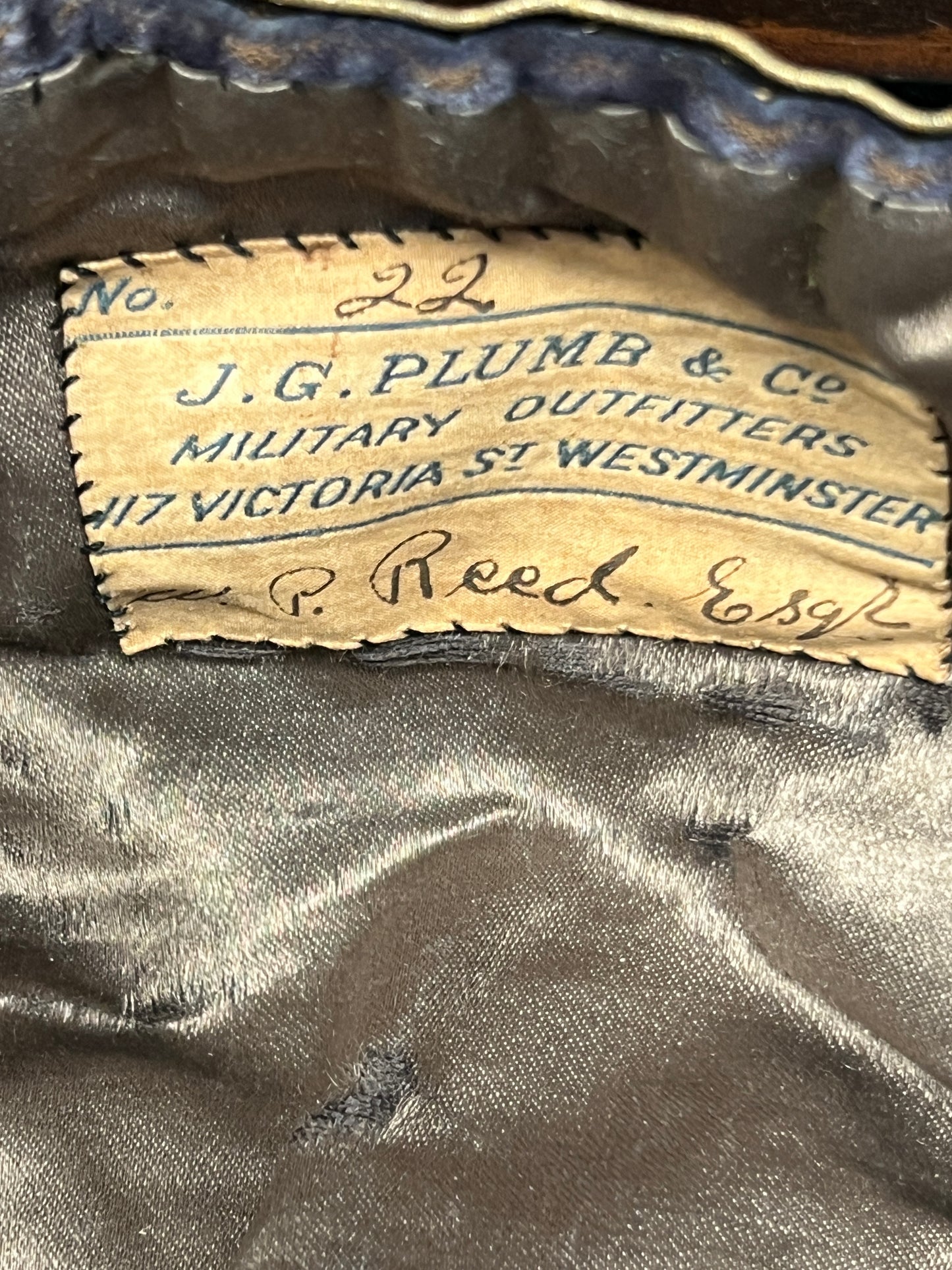 Vintage 1922 Royal Artillery Velvet Presentation Honour Cap – P. Reed Esq. – J.G. Plumb & Co.