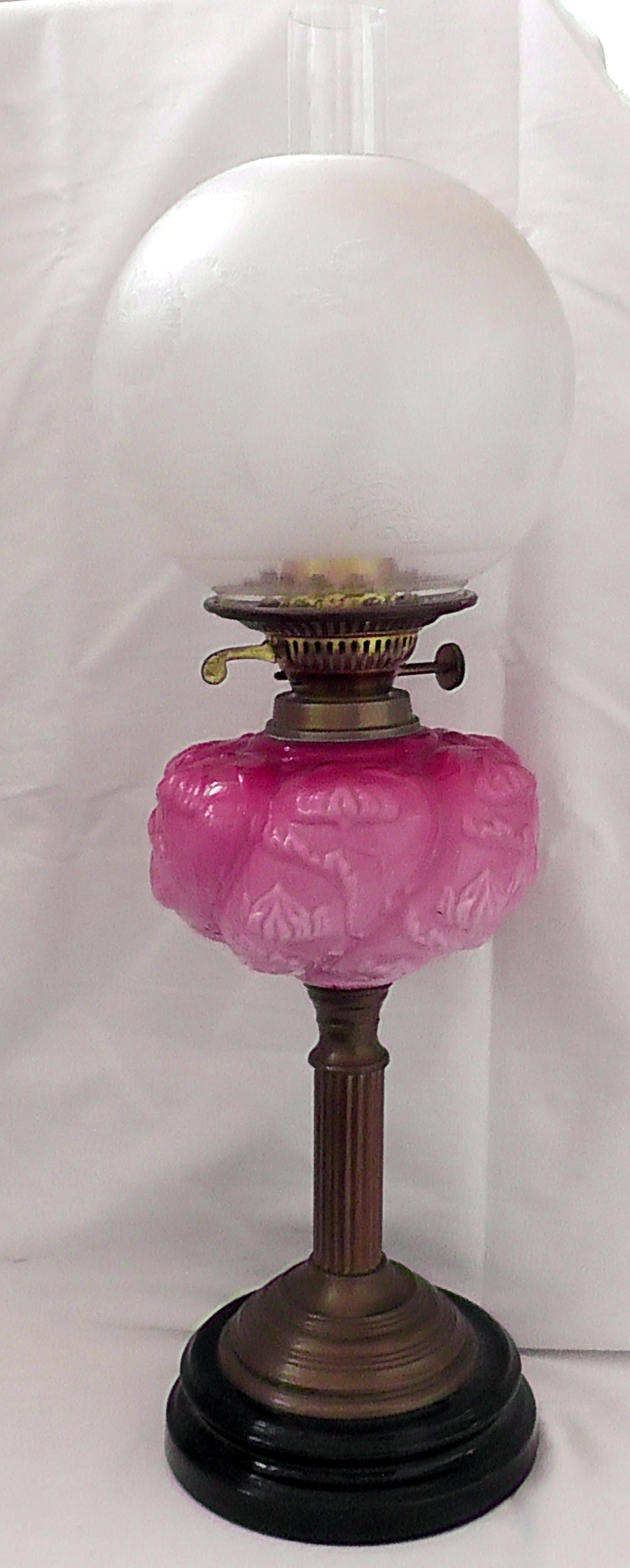 Stunning Art Nouveau Pink Milk Glass Bodied Oil Lamp