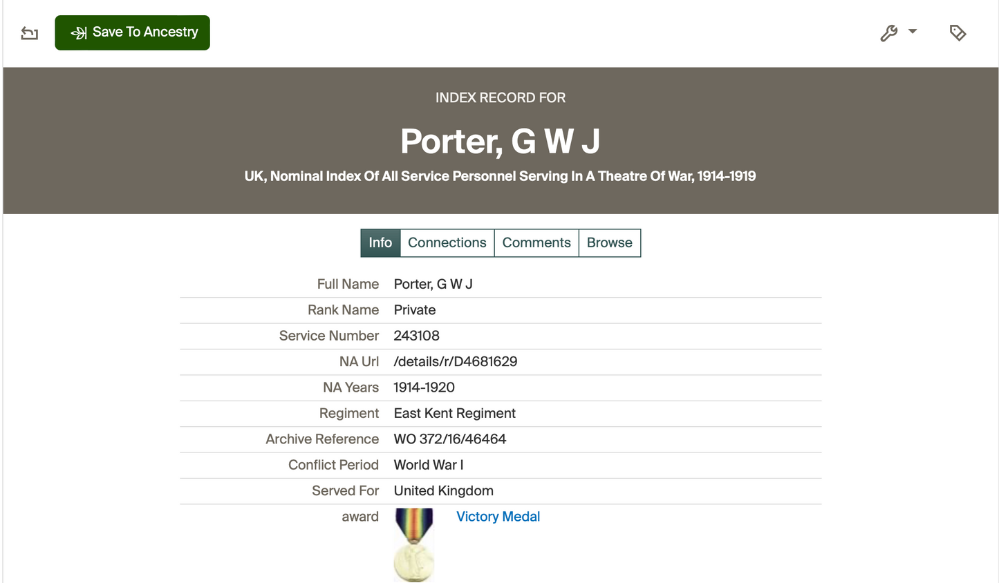 WW1 British Victory Medal to 243108 Pte G. W. J. Porter East Kent Regiment