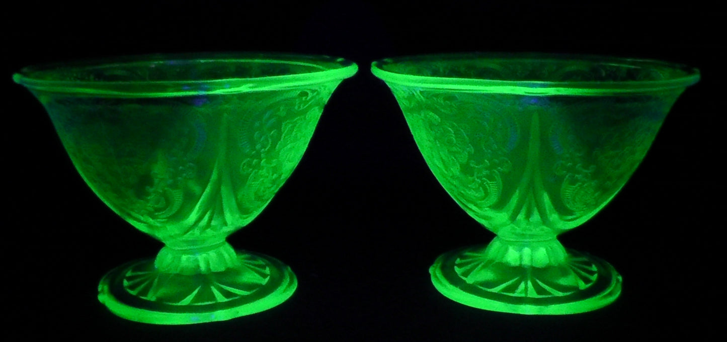 Vintage Hazel Atlas Royal Lace Uranium Glass Pair of Sundae Dishes