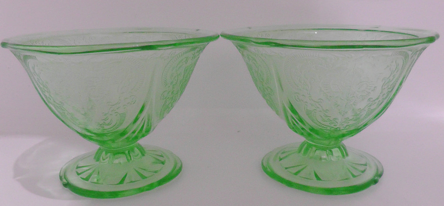 Vintage Hazel Atlas Royal Lace Uranium Glass Pair of Sundae Dishes