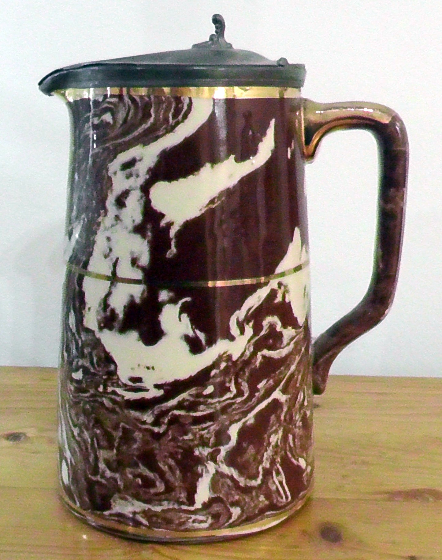Antique Agate Ware Jug with Metal Lid